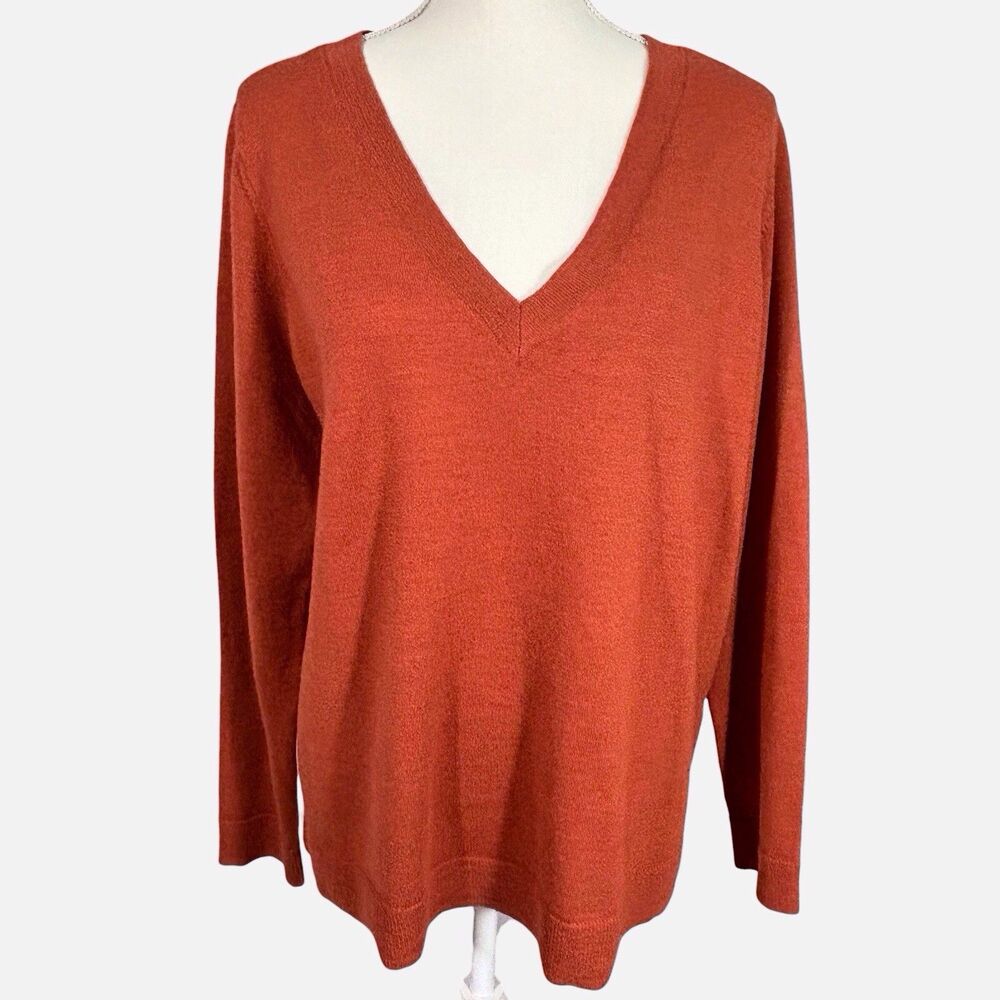 Eileen Fisher V-Neck Merino Wool Sweater Women's Large Rusty Orange Minimalist